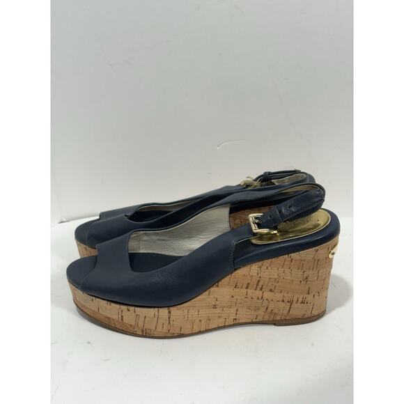 Michael Kors Women's Natalia Sling Back Wedge Cork Sandal Leather Peep‎ Toe 5M - Picture 1 of 9